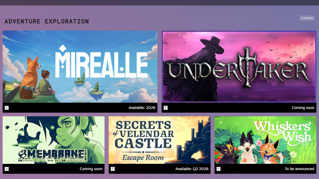 Steam Library is shown for Adventure Exploration category