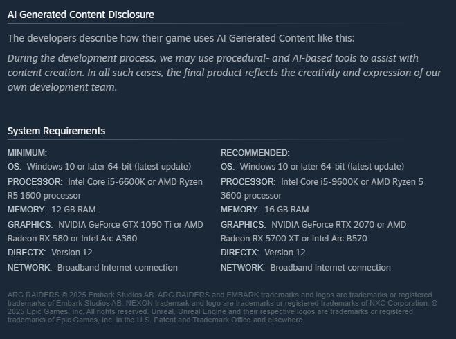 Arc Raiders AI-generated content disclosure on the Steam store page